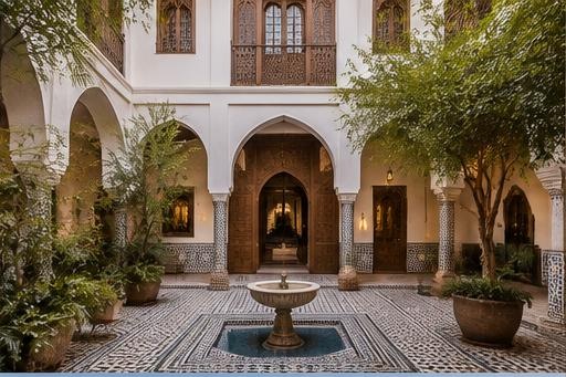 Restored Moroccan riad with zellige and a shaded courtyard