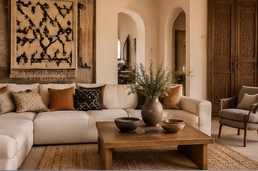 Contemporary Moroccan interior with woven textures and handcrafted cedar