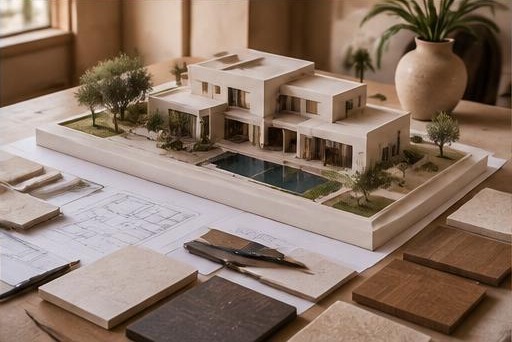 Architectural villa model with drawings and material samples