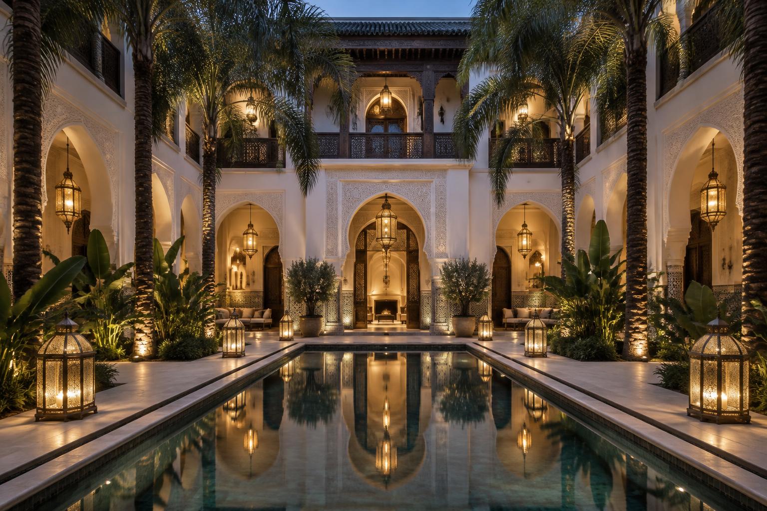 Lantern-lit reflecting pool in a meticulously restored Marrakech riad